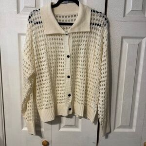 Women's Open Knit Collared Button Down Cardigan in Beige - Size 2XL runs small